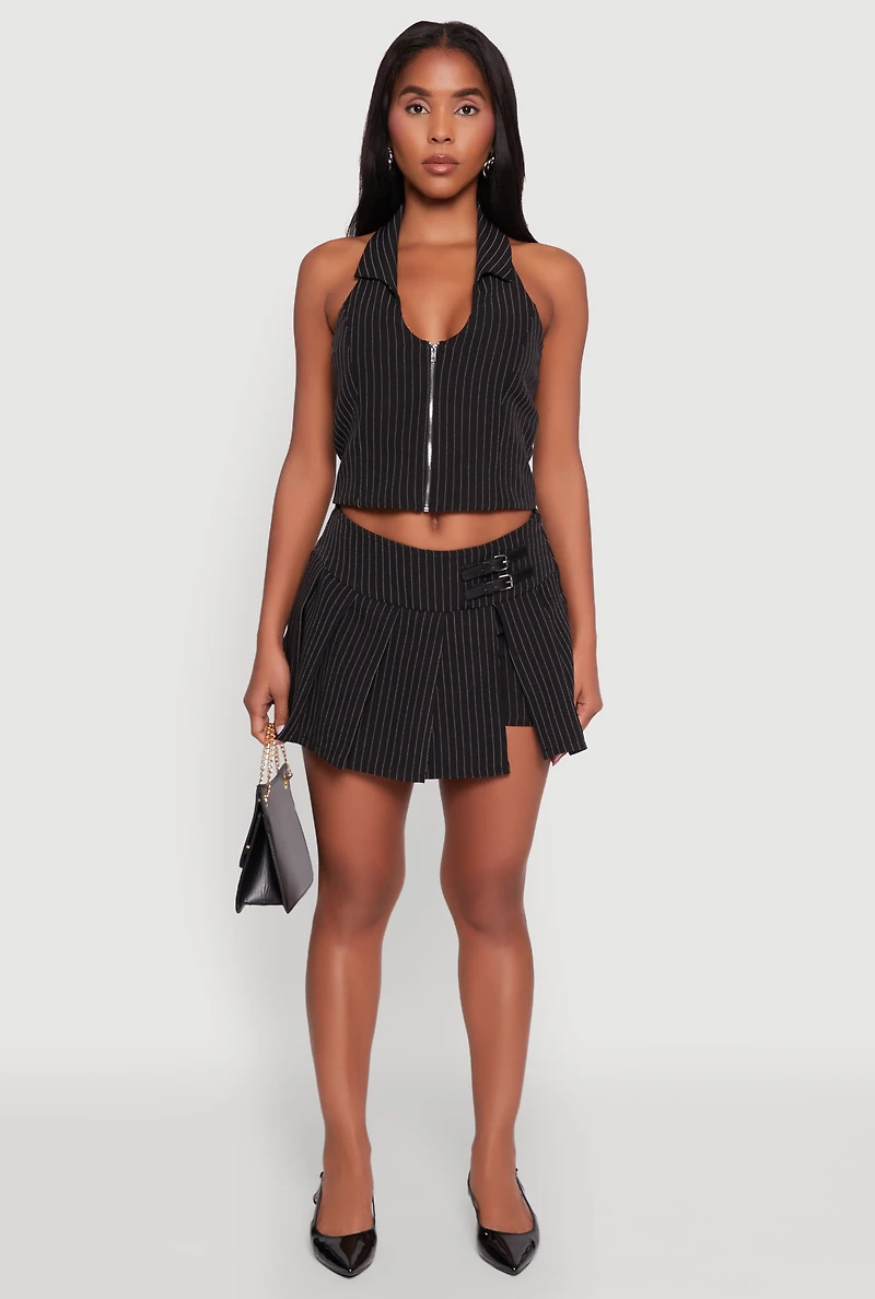 Womens Iris Buckle Detail Pinstripe Pleated Skirt, Black, Size S