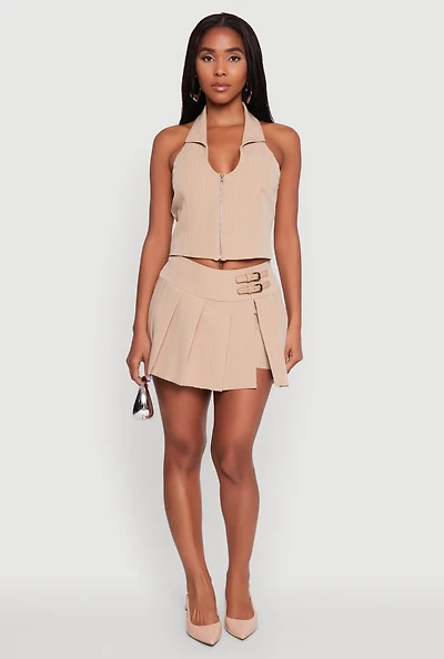 Womens Iris Buckle Detail Pinstripe Pleated Skirt, Khaki, Size S