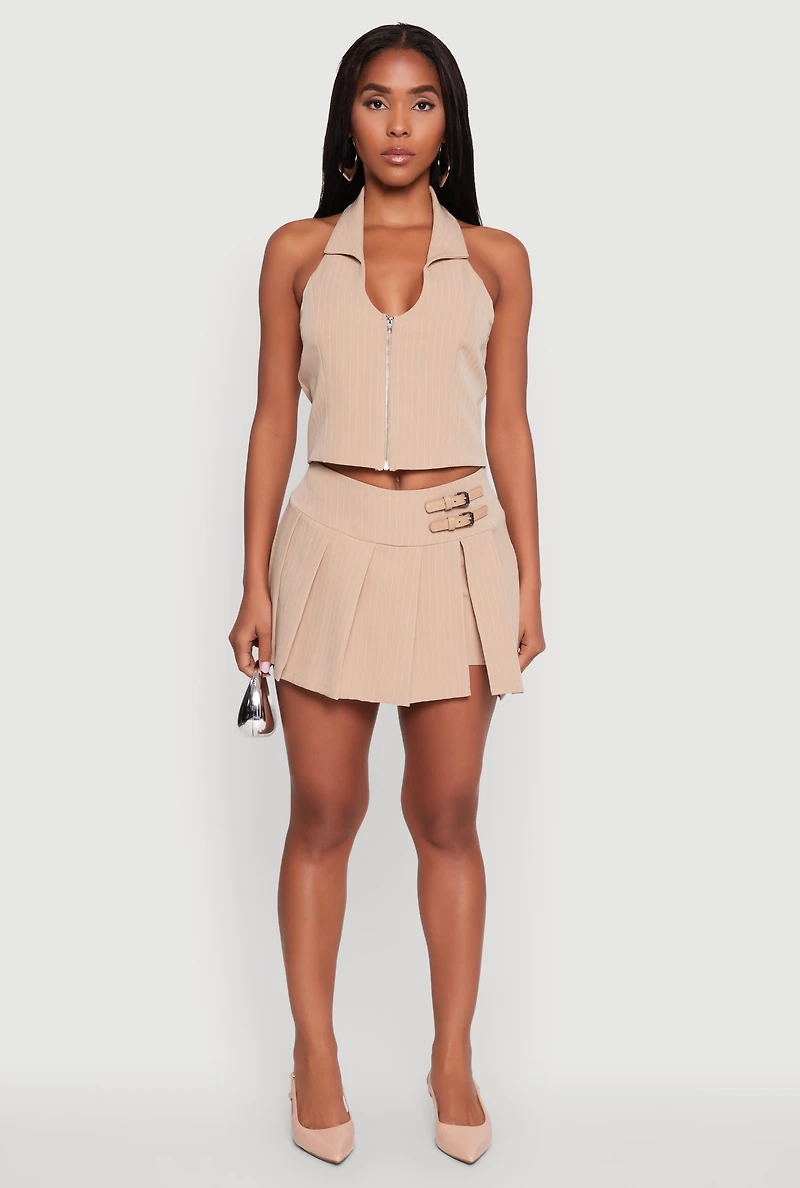 Womens Iris Buckle Detail Pinstripe Pleated Skirt, Khaki, Size M
