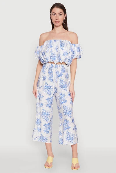 Womens Floral Print Smocked Waist Capris Pants, Blue, Size S