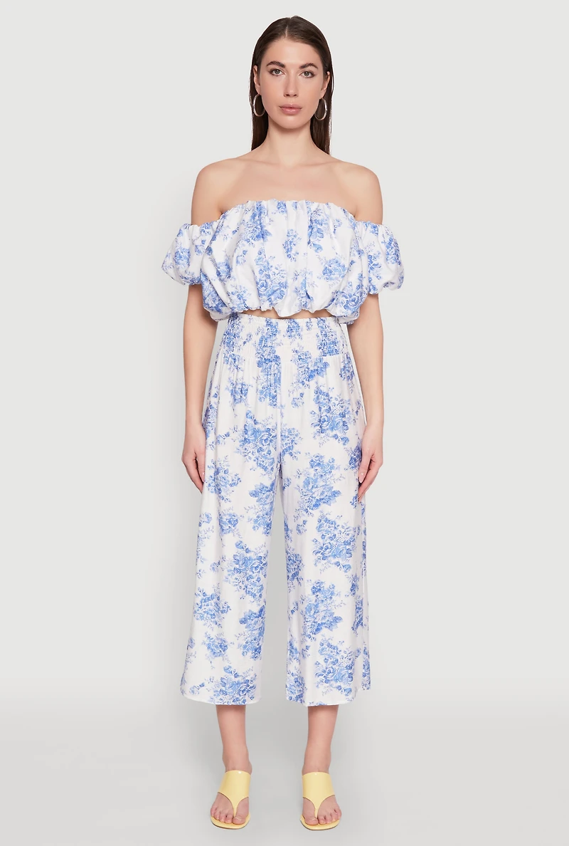 Womens Floral Print Smocked Waist Capris Pants, Blue, Size L