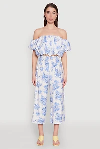 Womens Floral Print Smocked Waist Capris Pants, Blue, Size L