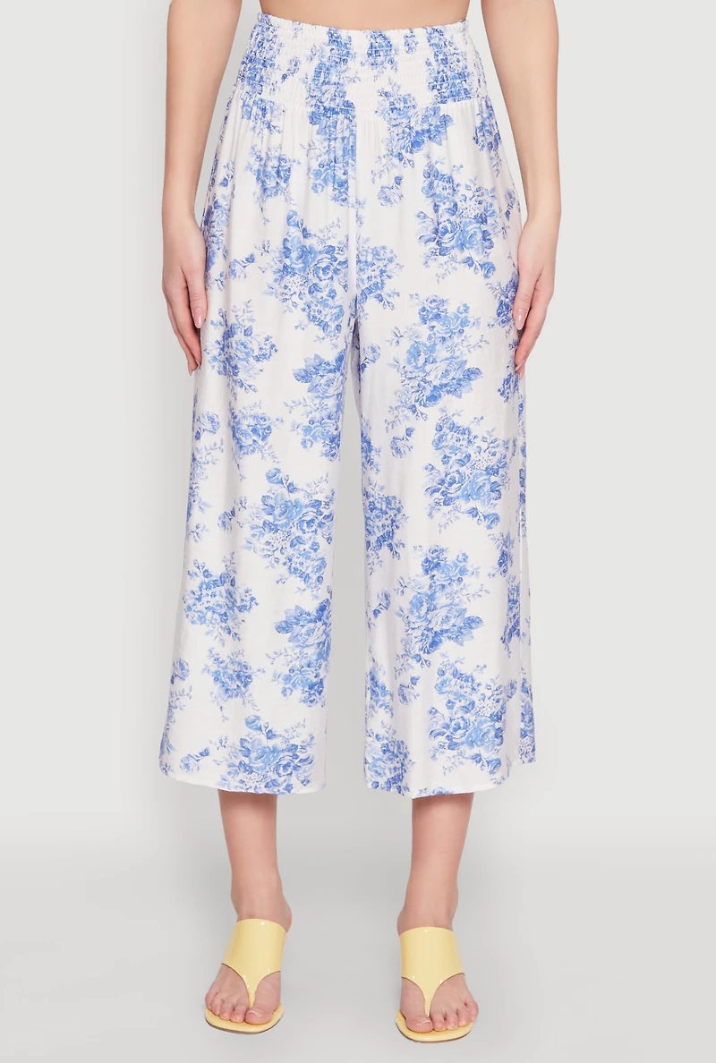 Womens Floral Print Smocked Waist Capris Pants, Blue, Size L