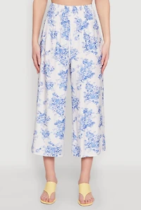Womens Floral Print Smocked Waist Capris Pants, Blue, Size L