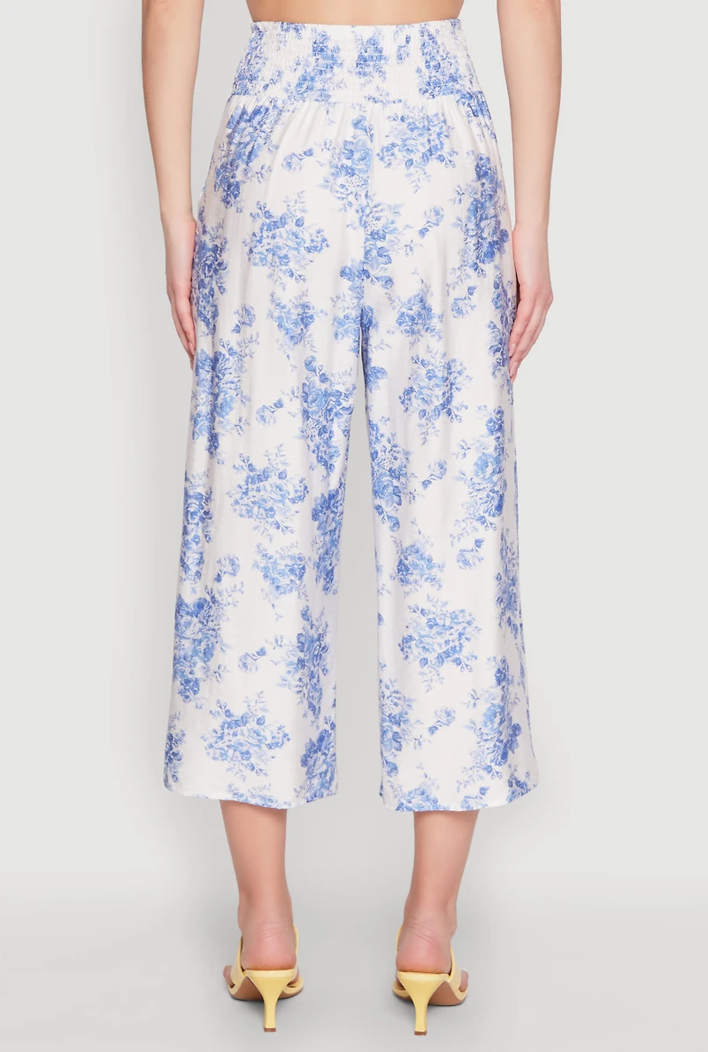 Womens Floral Print Smocked Waist Capris Pants, Blue, Size L