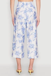 Womens Floral Print Smocked Waist Capris Pants, Blue, Size L