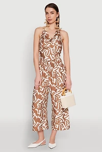 Womens Iris Printed Pattern Cowl Neck Crop Top, Brown, Size M