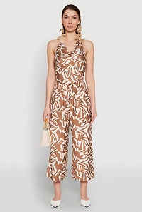 Womens Iris Printed Pattern Cowl Neck Crop Top, Brown, Size L