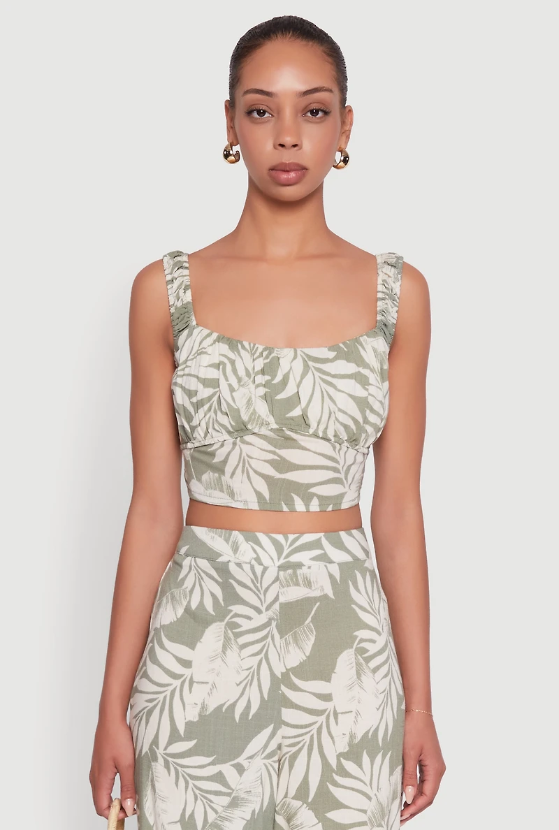 Womens Iris Sleeveless Leaf Print Scoop Neck Crop Top, Green, Size L