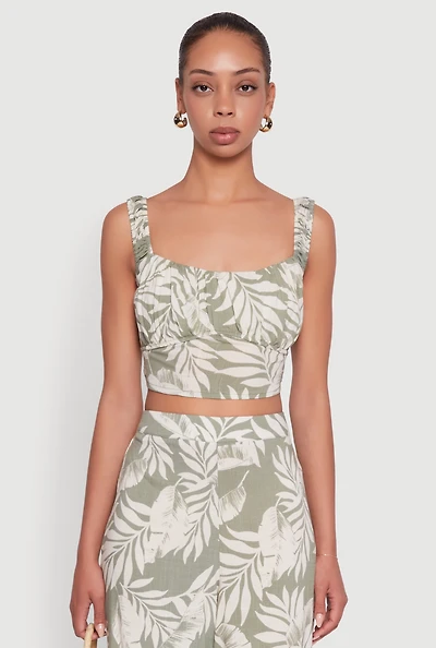 Womens Iris Sleeveless Leaf Print Scoop Neck Crop Top, Green, Size S