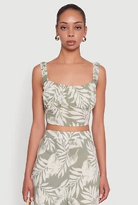 Womens Iris Sleeveless Leaf Print Scoop Neck Crop Top, Green, Size S