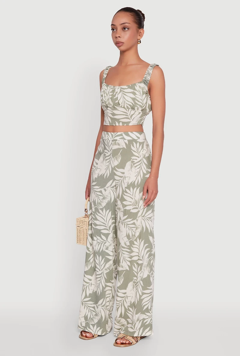 Iris Sleeveless Leaf Print Scoop Neck Crop Top