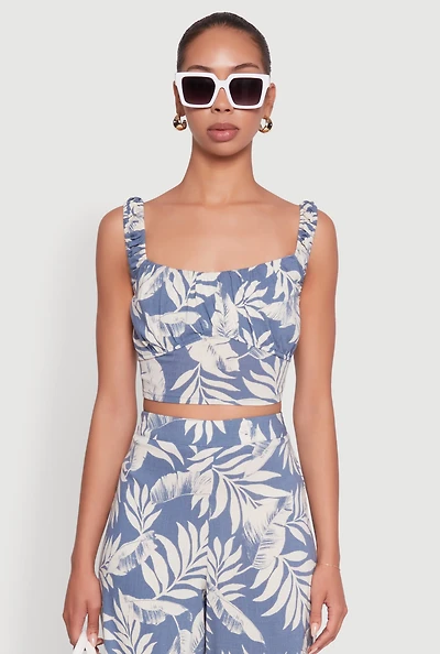 Womens Iris Sleeveless Leaf Print Scoop Neck Crop Top,