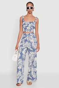 Womens Iris Sleeveless Leaf Print Scoop Neck Crop Top,