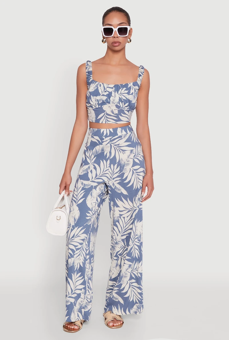 Womens Iris Sleeveless Leaf Print Scoop Neck Crop Top, Blue, Size M