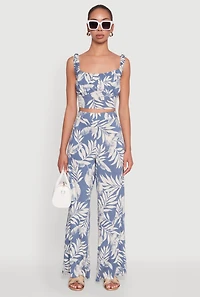 Womens Iris Sleeveless Leaf Print Scoop Neck Crop Top,