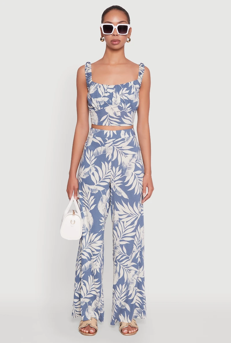 Womens Iris Sleeveless Leaf Print Scoop Neck Crop Top, Blue, Size M