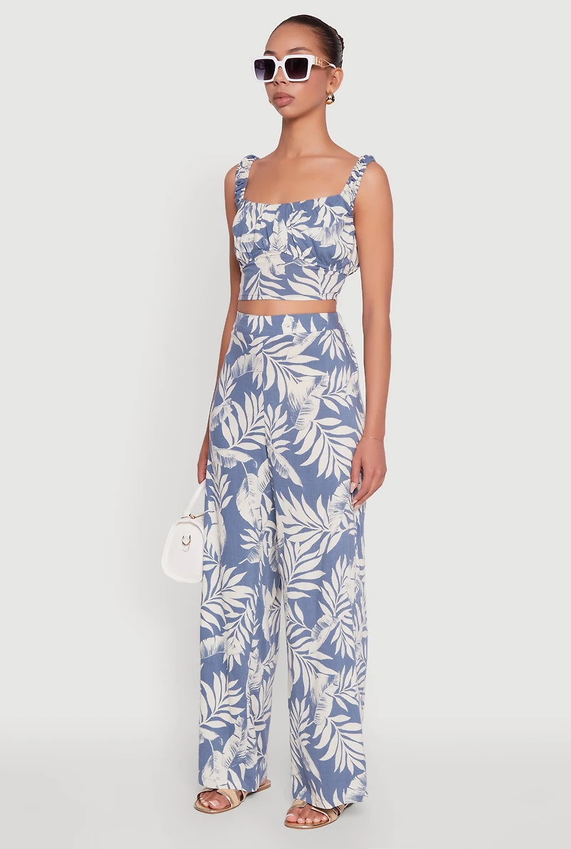 Womens Iris Sleeveless Leaf Print Scoop Neck Crop Top, Blue, Size M