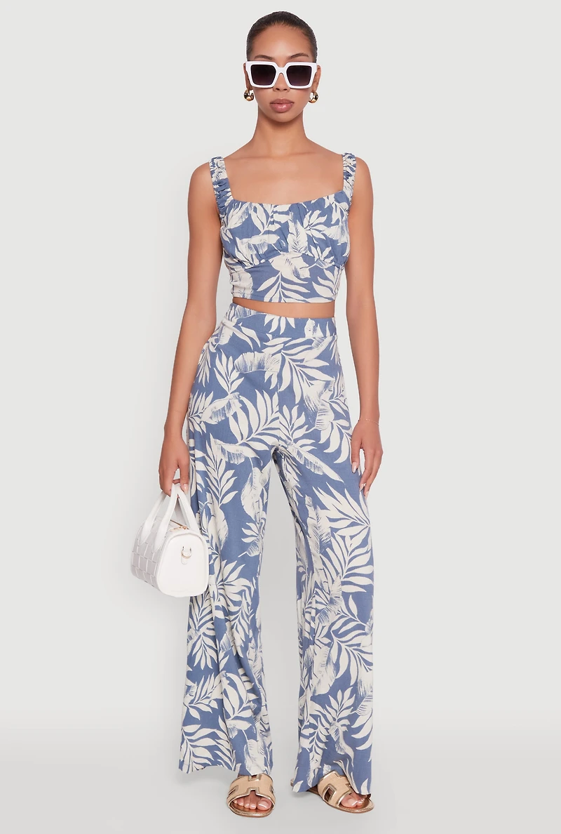 Womens Iris Tropical Leaf Print High Waisted Palazzo Pants,