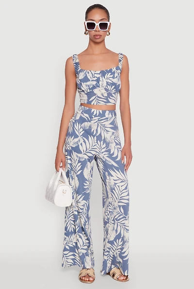 Womens Iris Tropical Leaf Print High Waisted Palazzo Pants,