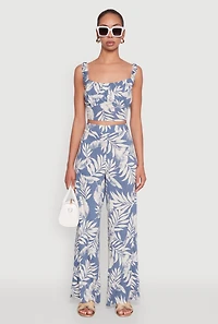 Womens Iris Tropical Leaf Print High Waisted Palazzo Pants,