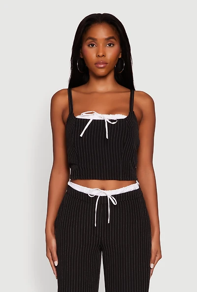 Womens Iris Pinstripe Crop Top with Tie Front and Lace-Up Detail, Black, Size L
