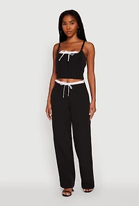 Womens Iris Pinstripe Crop Top with Tie Front and Lace-Up Detail, Black, Size L