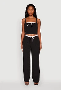 Womens Iris Pinstripe Crop Top with Tie Front and Lace-Up Detail, Black, Size L