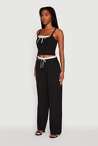 Womens Iris Pinstripe Crop Top with Tie Front and Lace-Up Detail, Black, Size L