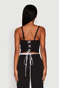 Womens Iris Pinstripe Crop Top with Tie Front and Lace-Up Detail, Black, Size L