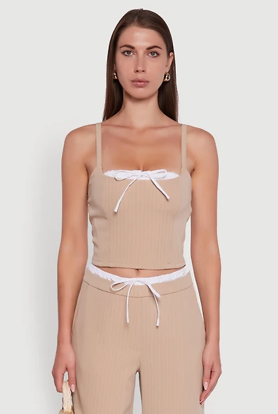Womens Iris Pinstripe Crop Top with Tie Front and Lace-Up Detail, M
