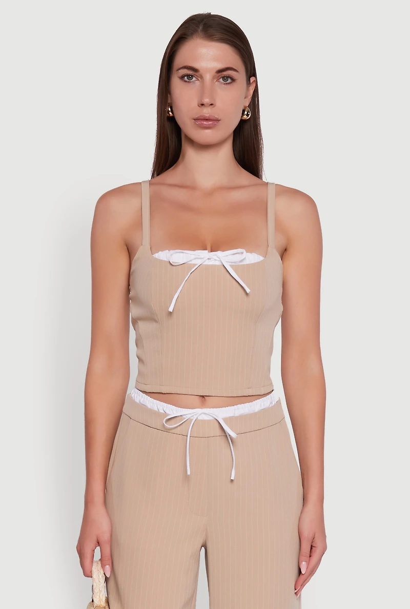 Womens Iris Pinstripe Crop Top with Tie Front and Lace-Up Detail, L