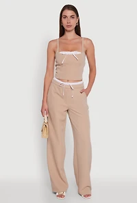 Womens Iris Pinstripe Crop Top with Tie Front and Lace-Up Detail, Beige, Size M