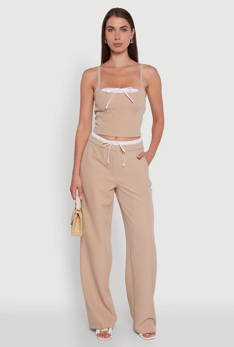 Womens Iris Pinstripe Crop Top with Tie Front and Lace-Up Detail, M