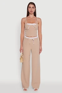Womens Iris Pinstripe Crop Top with Tie Front and Lace-Up Detail, Beige, Size M