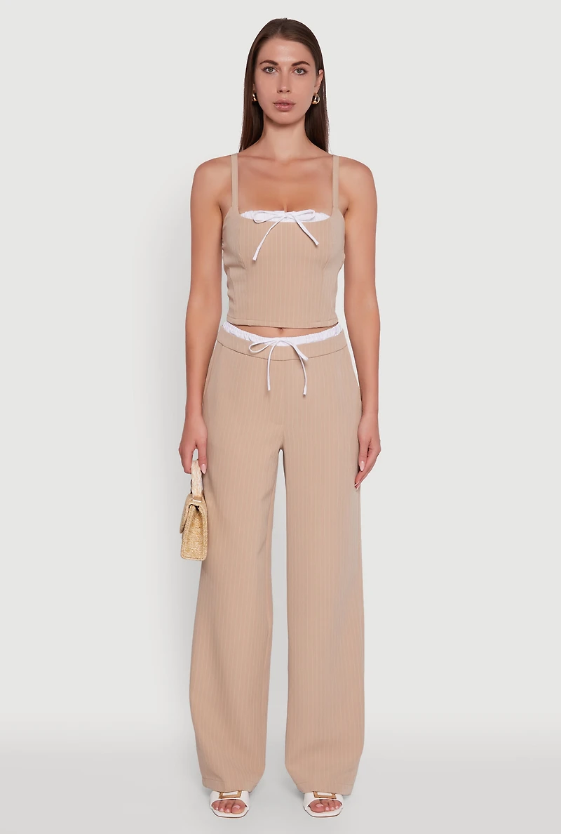 Womens Iris Pinstripe Crop Top with Tie Front and Lace-Up Detail, M
