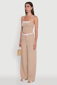 Womens Iris Pinstripe Crop Top with Tie Front and Lace-Up Detail, Beige, Size M
