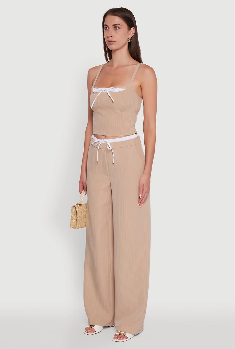 Womens Iris Pinstripe Crop Top with Tie Front and Lace-Up Detail, M