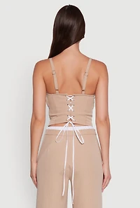 Womens Iris Pinstripe Crop Top with Tie Front and Lace-Up Detail, Beige, Size M