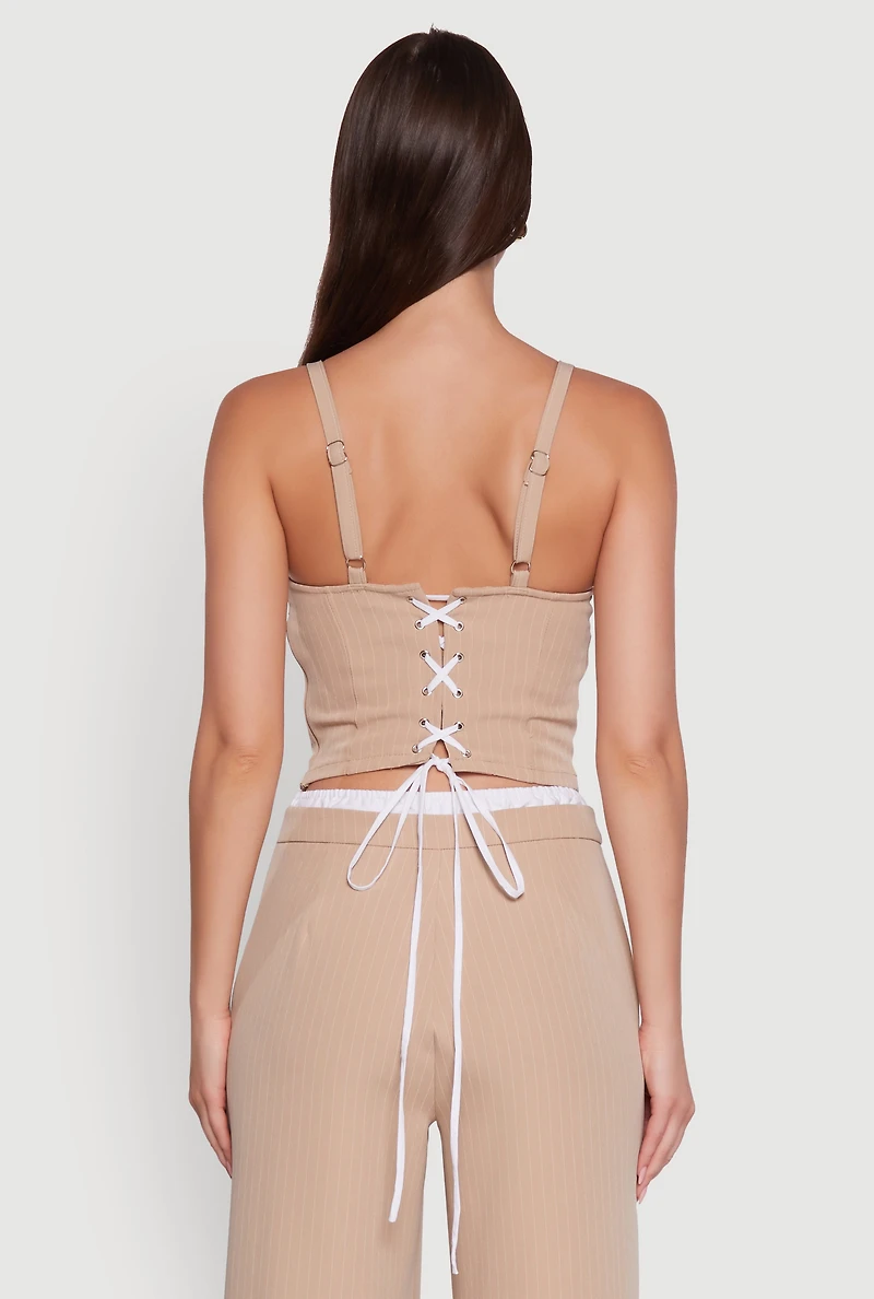 Womens Iris Pinstripe Crop Top with Tie Front and Lace-Up Detail, M