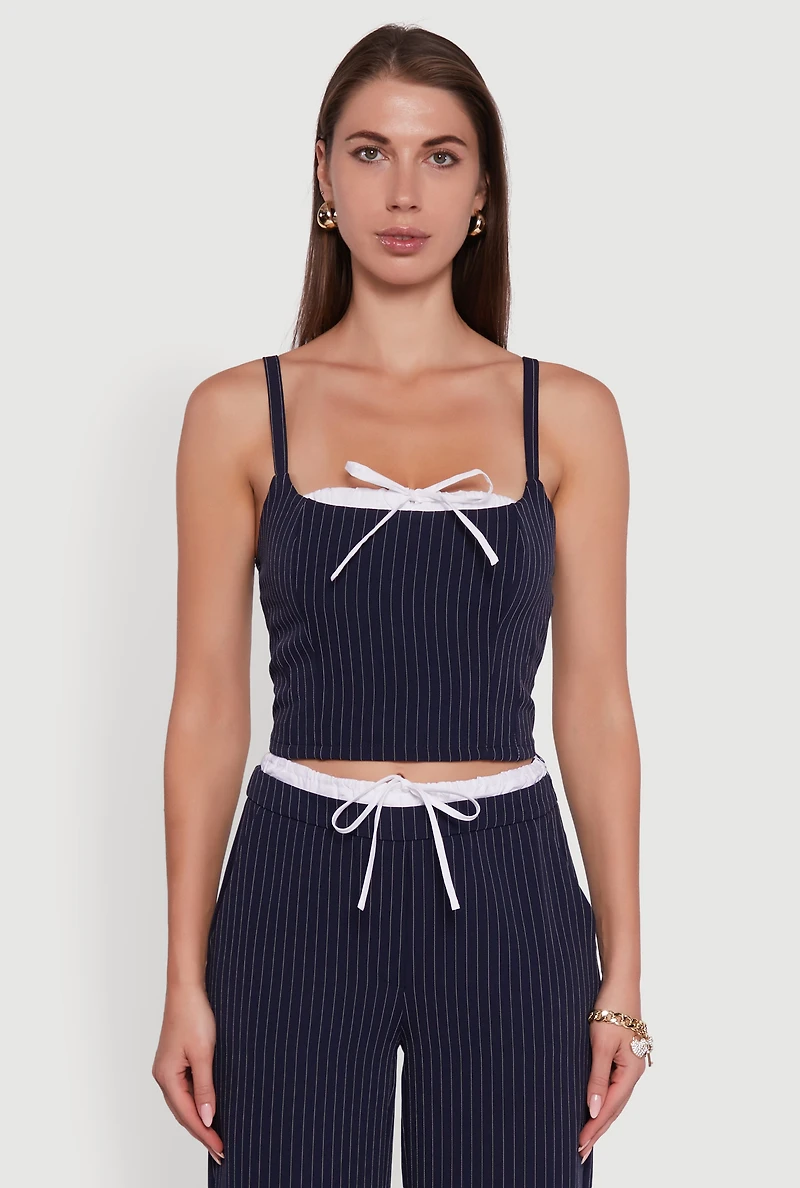 Womens Iris Pinstripe Crop Top with Tie Front and Lace-Up Detail, Black, Size S