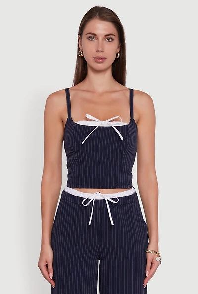 Womens Iris Pinstripe Crop Top with Tie Front and Lace-Up Detail, Black, Size S