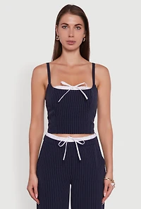 Womens Iris Pinstripe Crop Top with Tie Front and Lace-Up Detail, Black, Size S