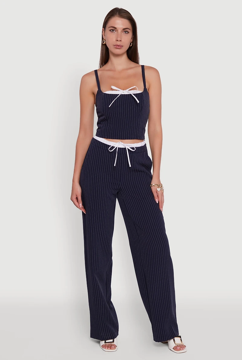 Womens Iris Pinstripe Crop Top with Tie Front and Lace-Up Detail, Blue, Size L