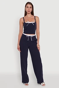 Womens Iris Pinstripe Crop Top with Tie Front and Lace-Up Detail, Blue,