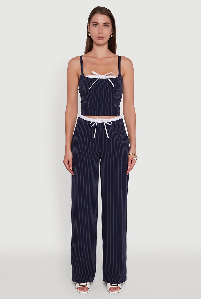 Womens Iris Pinstripe Crop Top with Tie Front and Lace-Up Detail, Blue, Size L