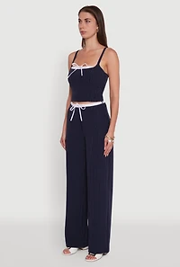 Womens Iris Pinstripe Crop Top with Tie Front and Lace-Up Detail, Blue, Size L