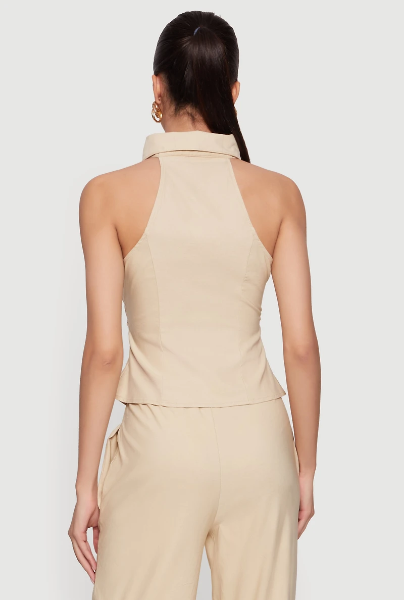 Side Ruched Button Front Collared Blouse