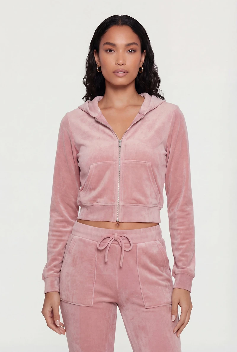 Velour Zip Front Hoodie