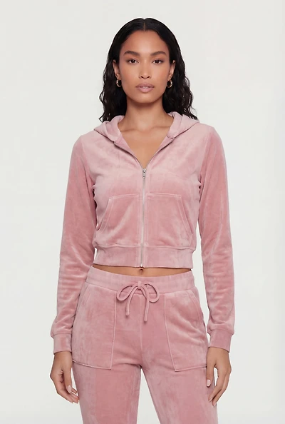 Velour Zip Front Hoodie
